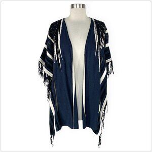 Alberto Makali Navy White Black Ruanna Poncho Knit Faux Leather Stud Fringe XS